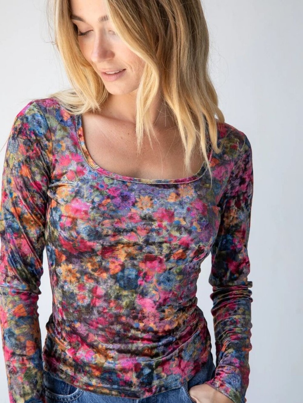 Natural Life Floral Crushed Velvet Square Neck Top XL Boho Whimsigoth